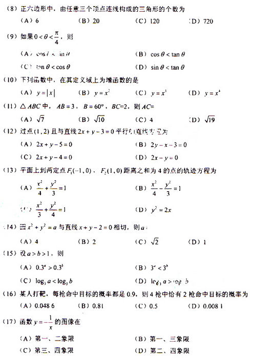 2009年成人高考数学试题及答案(高起点文史类)(图2)