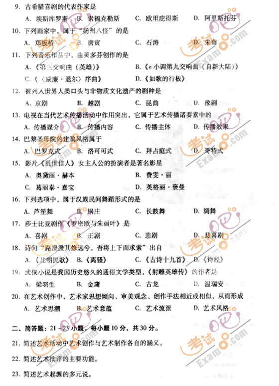 2010成人高考专升本艺术概论试题及答案(图2)